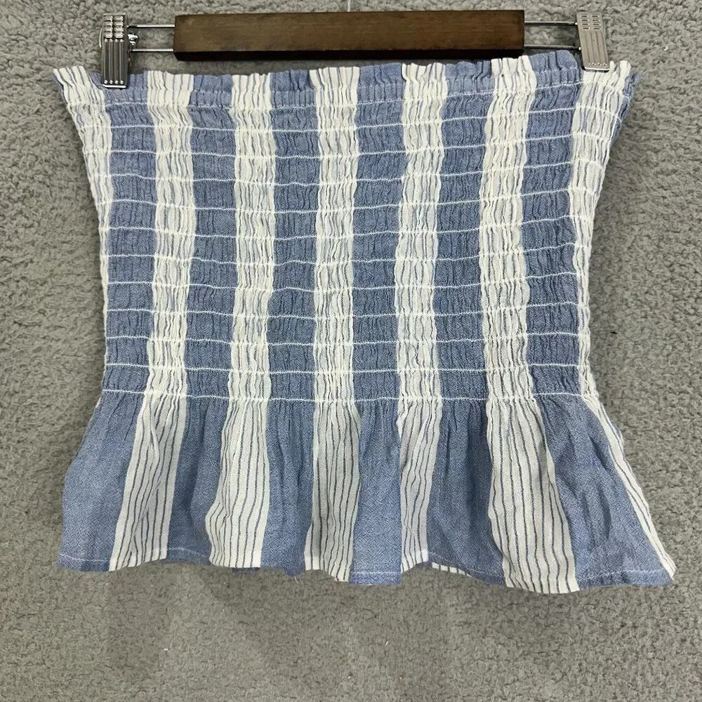 American Eagle tube top womens medium blue white striped‎ ruffle stretch costal